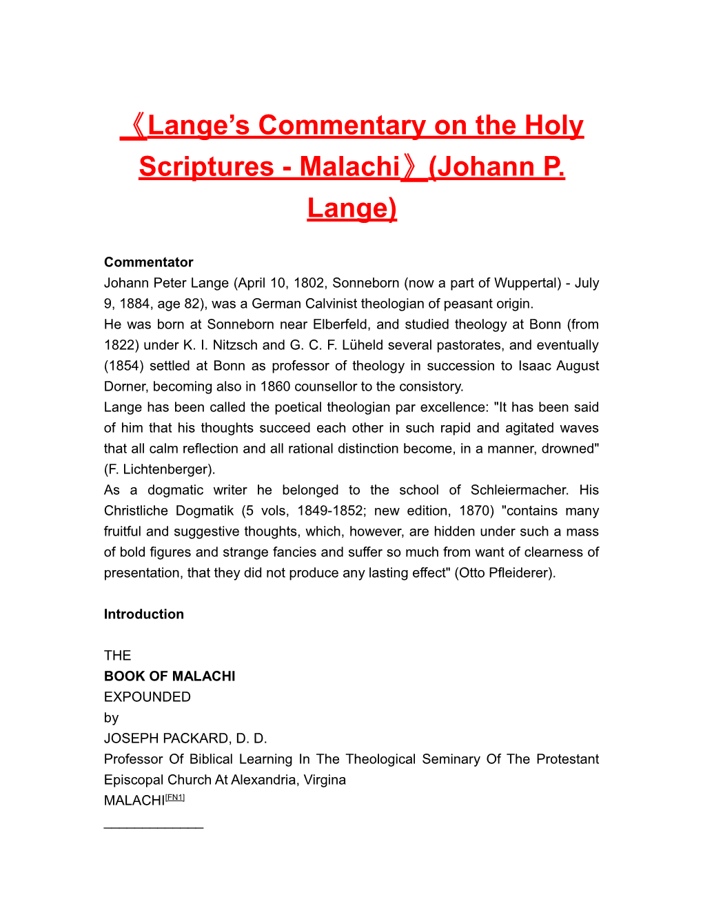 Lange S Commentary on the Holyscriptures-Malachi (Johann P. Lange)