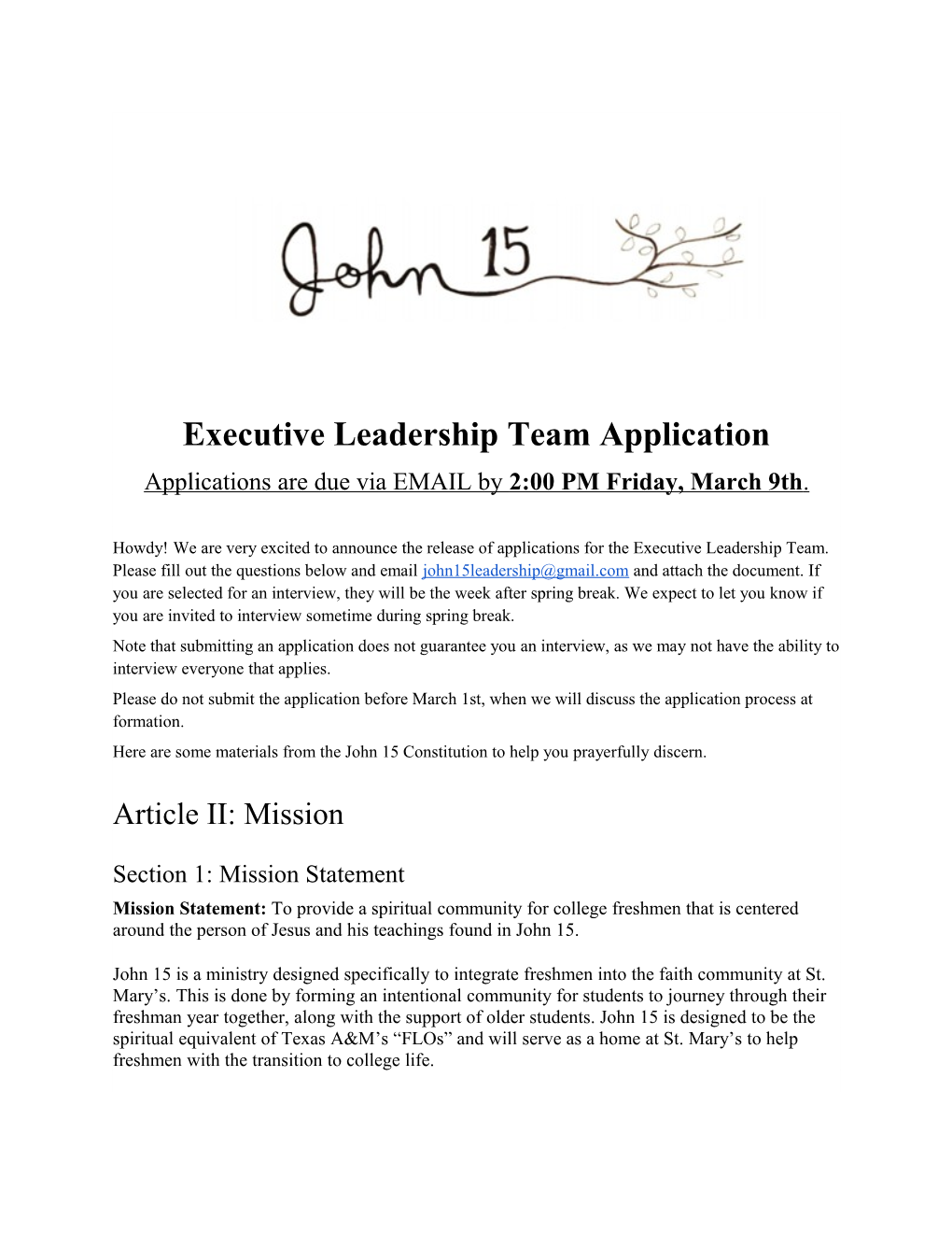 Executive Leadership Team Application