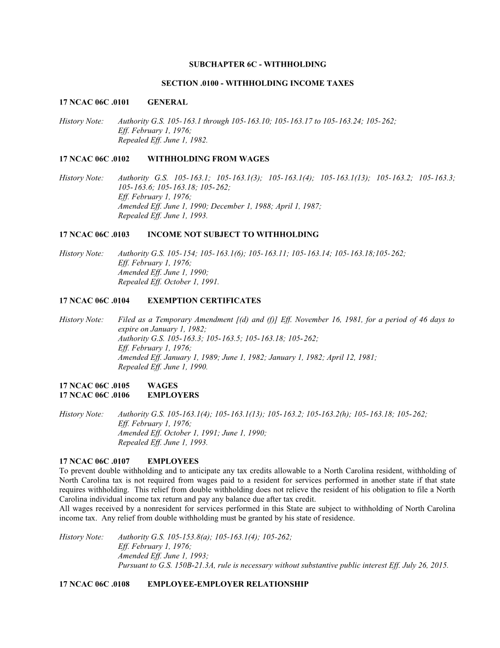 Section .0100 Withholding Income Taxes