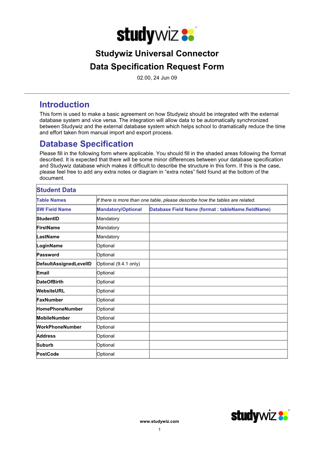 Data Specification Request Form