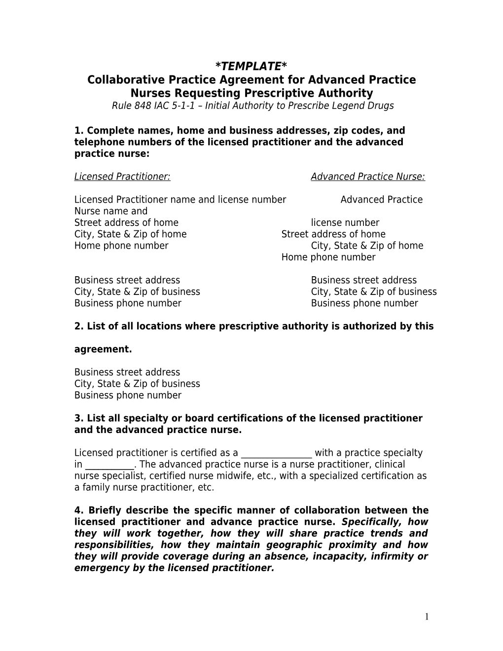 Example Collaborative Practice Agreement for Advanced Practice Nurses Requesting Prescriptive