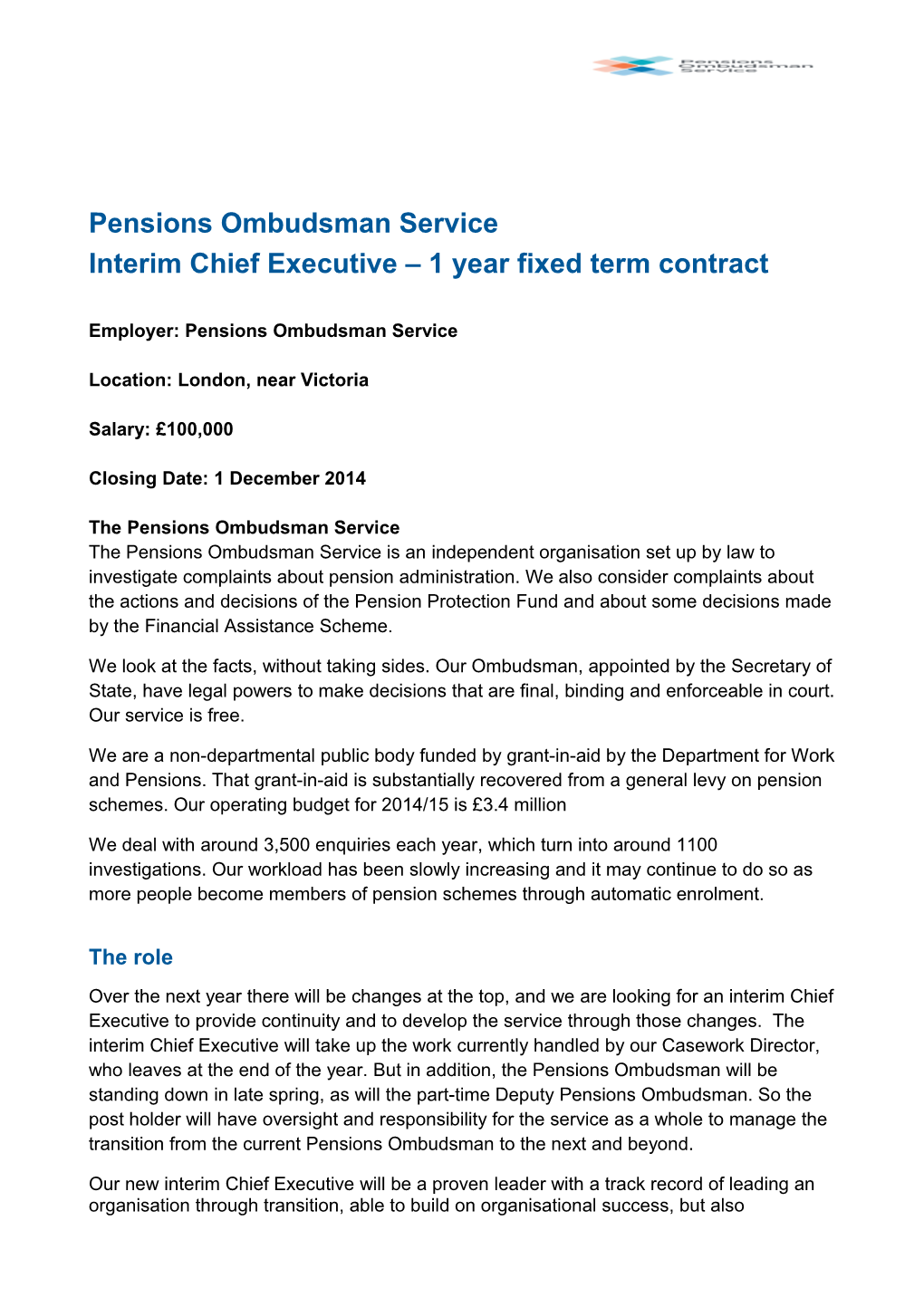 Interim Chief Executive 1 Year Fixed Term Contract