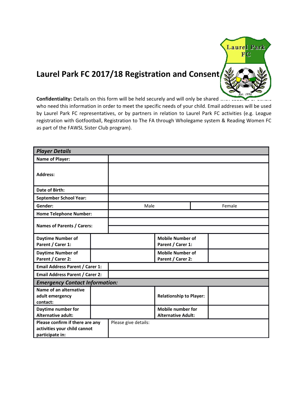 Laurel Park FC 2017/18 Registration and Consent Form