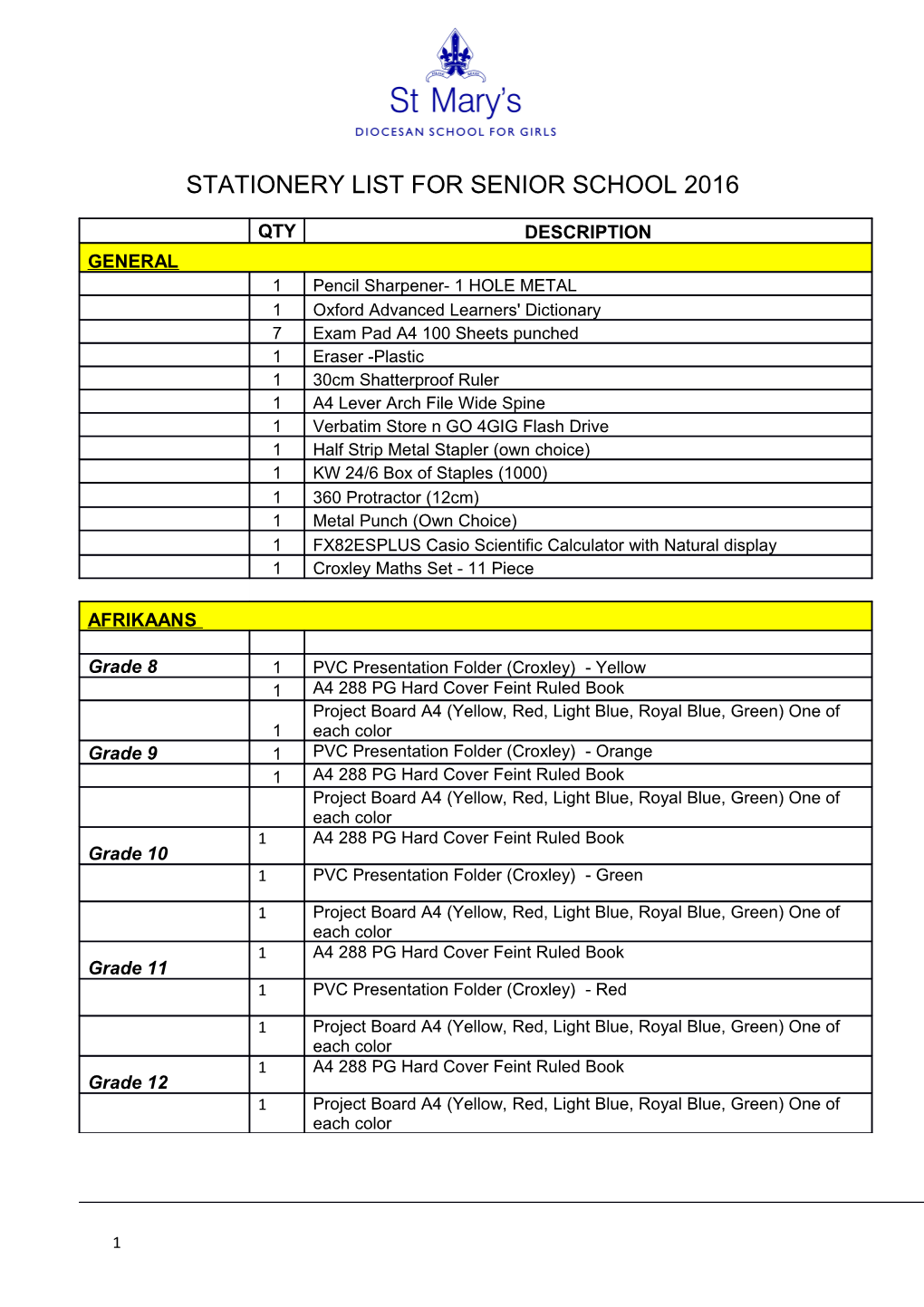 Stationery List for Senior School 2016