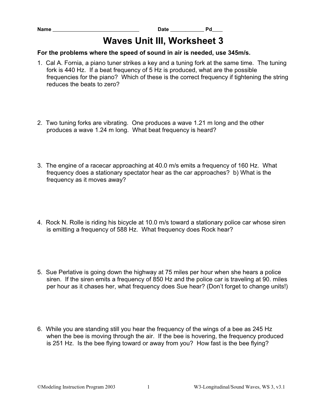 Waves Unit III, Worksheet 3