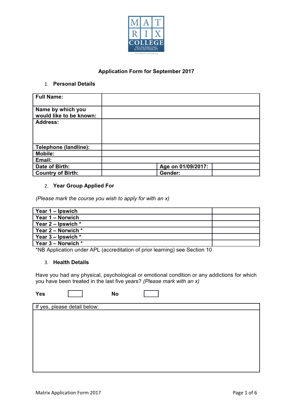 Application Form for September 2017