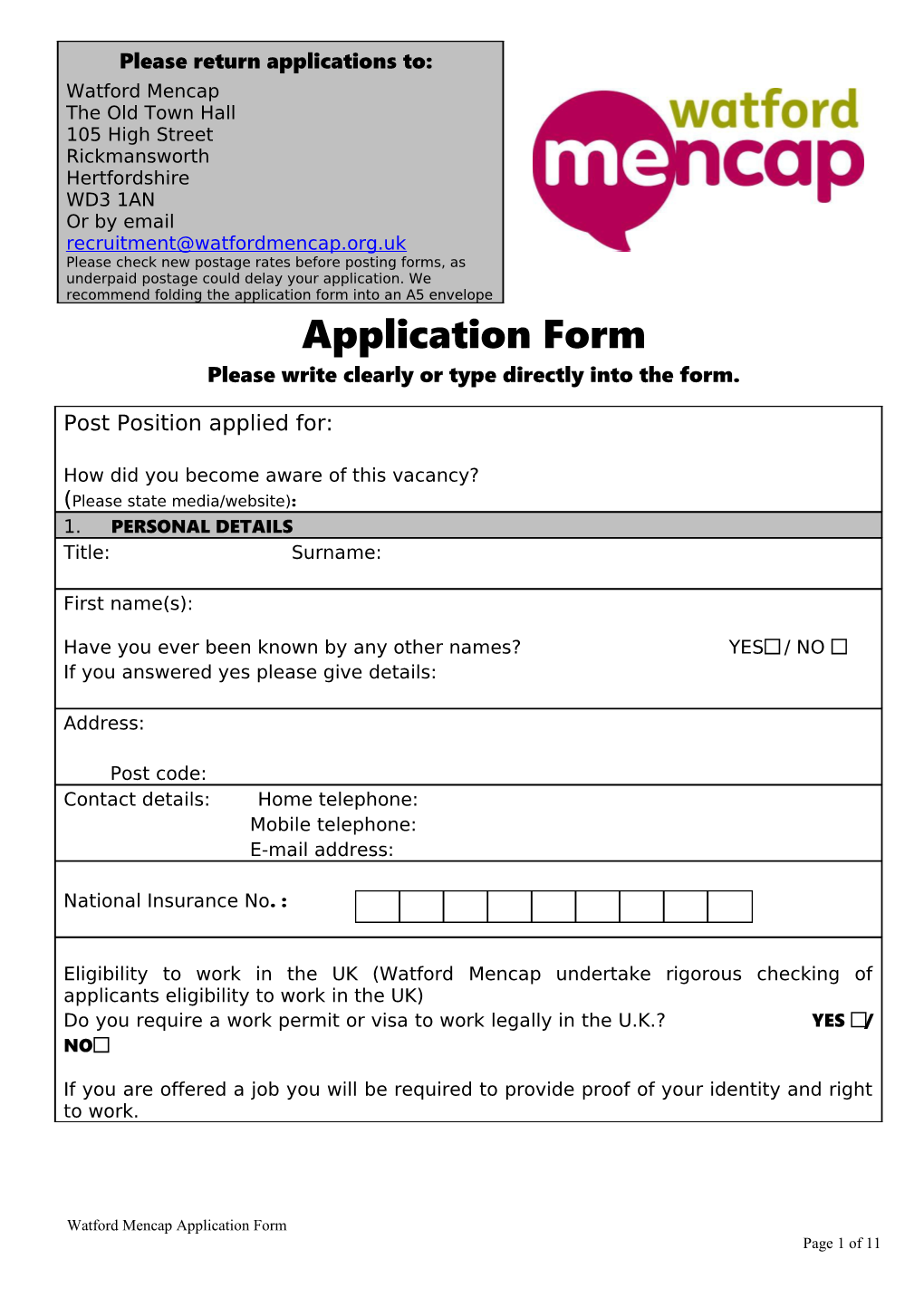 Watford Mencap Application Form