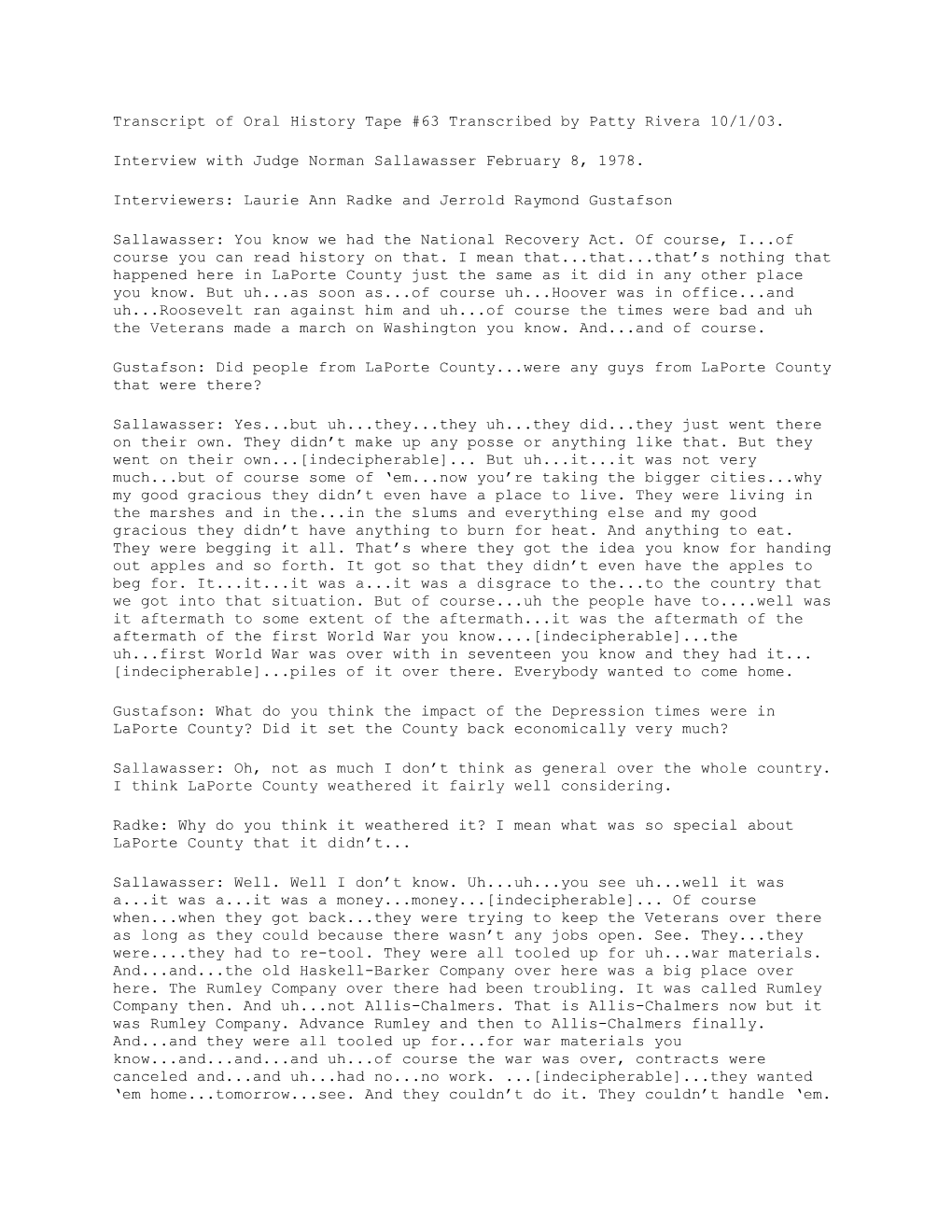 Transcript of Oral History Tape #63 Transcribed by Patty Rivera 10/1/03