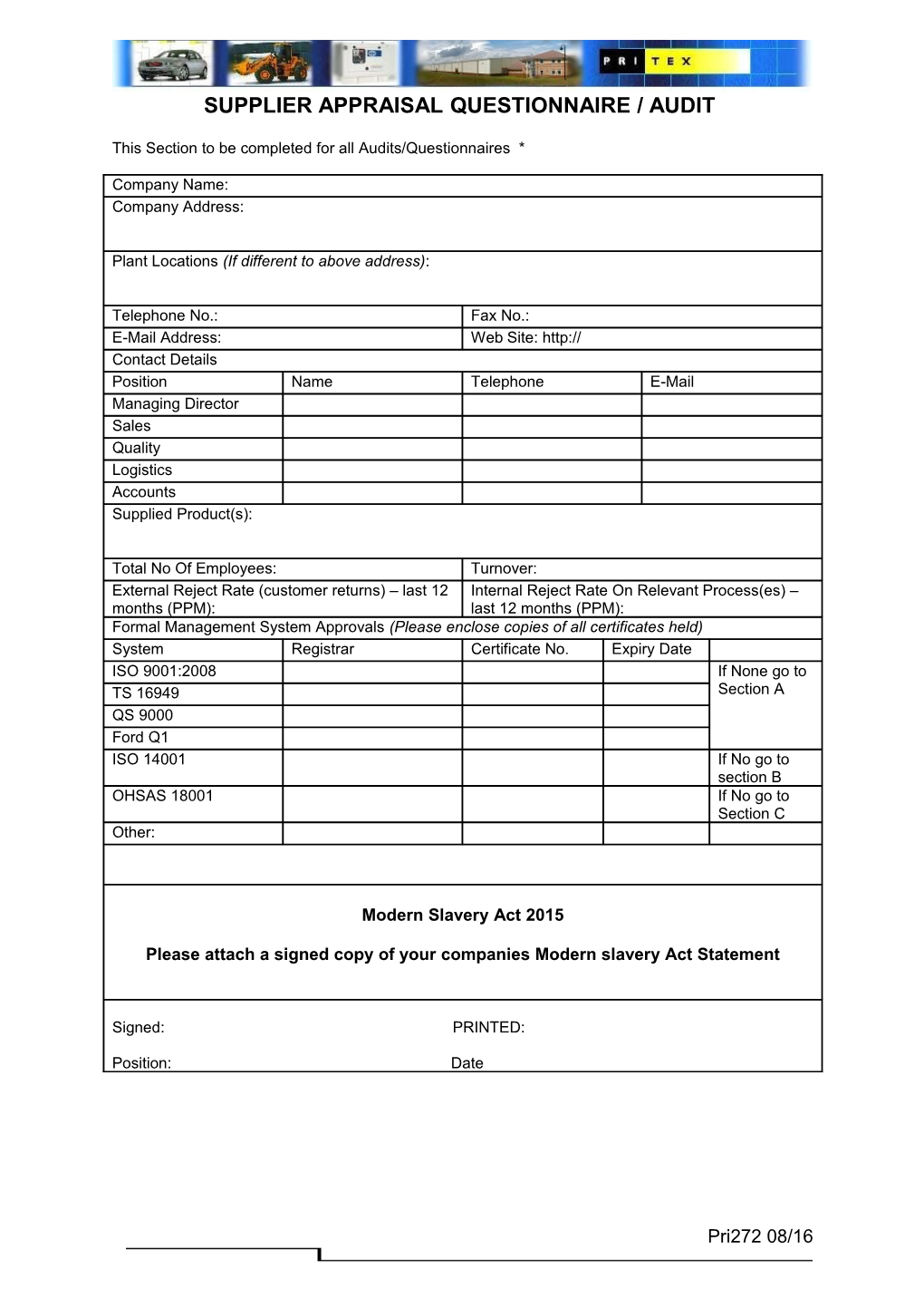 Supplier Appraisal Questionnaire / Audit