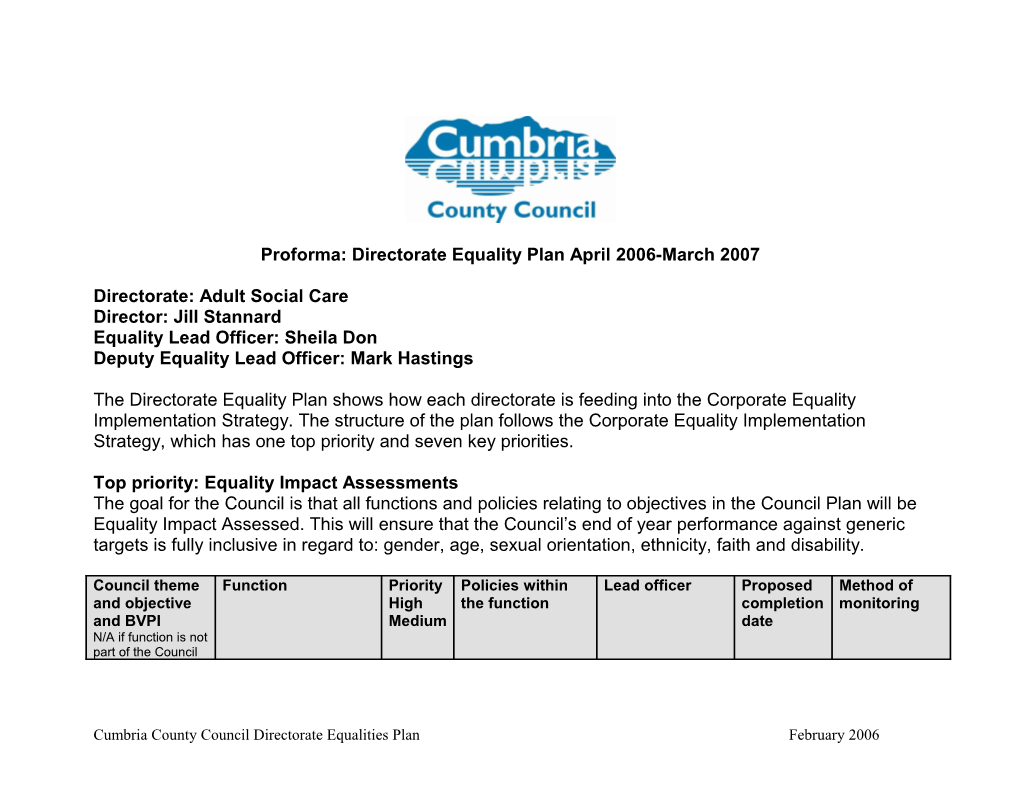 Proforma: Directorate Equality Plan Timescale I