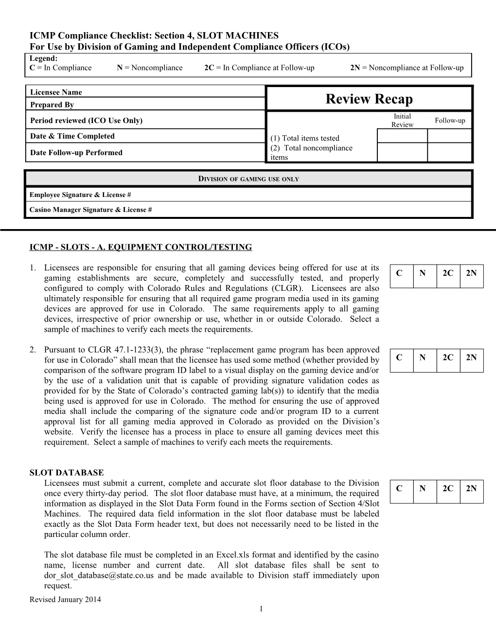 ICMP Compliance Checklist: Section 4, SLOT MACHINES