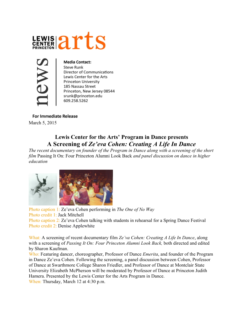 Lewis Center for the Arts Program in Dance Presents