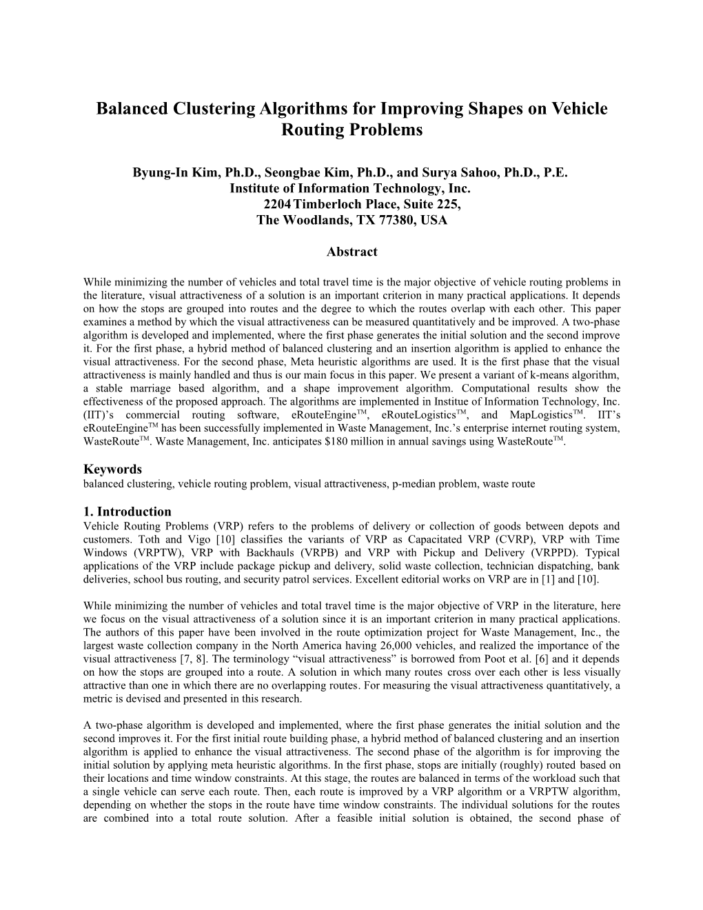 Balanced Clustering Algorithms for Vehicle Routing