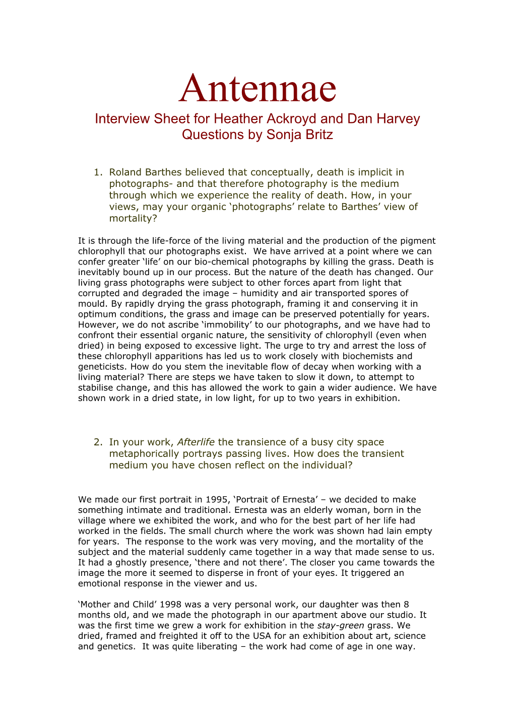Interview Sheet for Heather Ackroyd and Dan Harvey