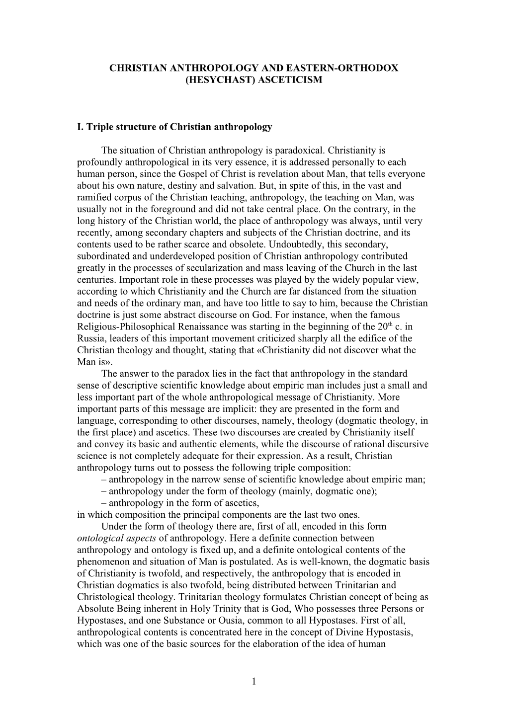 Christian Anthropology and Eastern-Orthodox (Hesychast) Asceticism