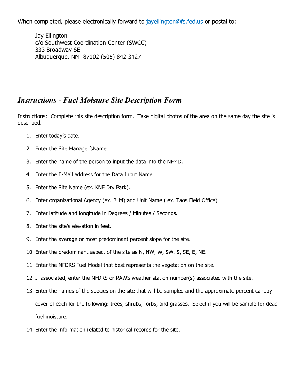 1. Fuel Moisture Site Description Form