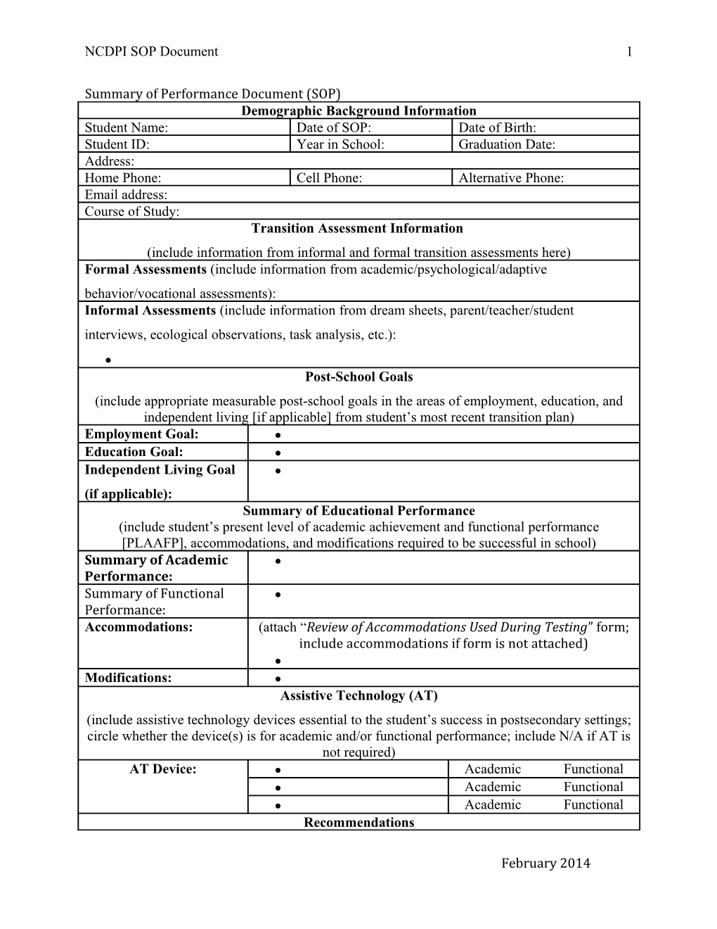 Summary of Performance Document (SOP)