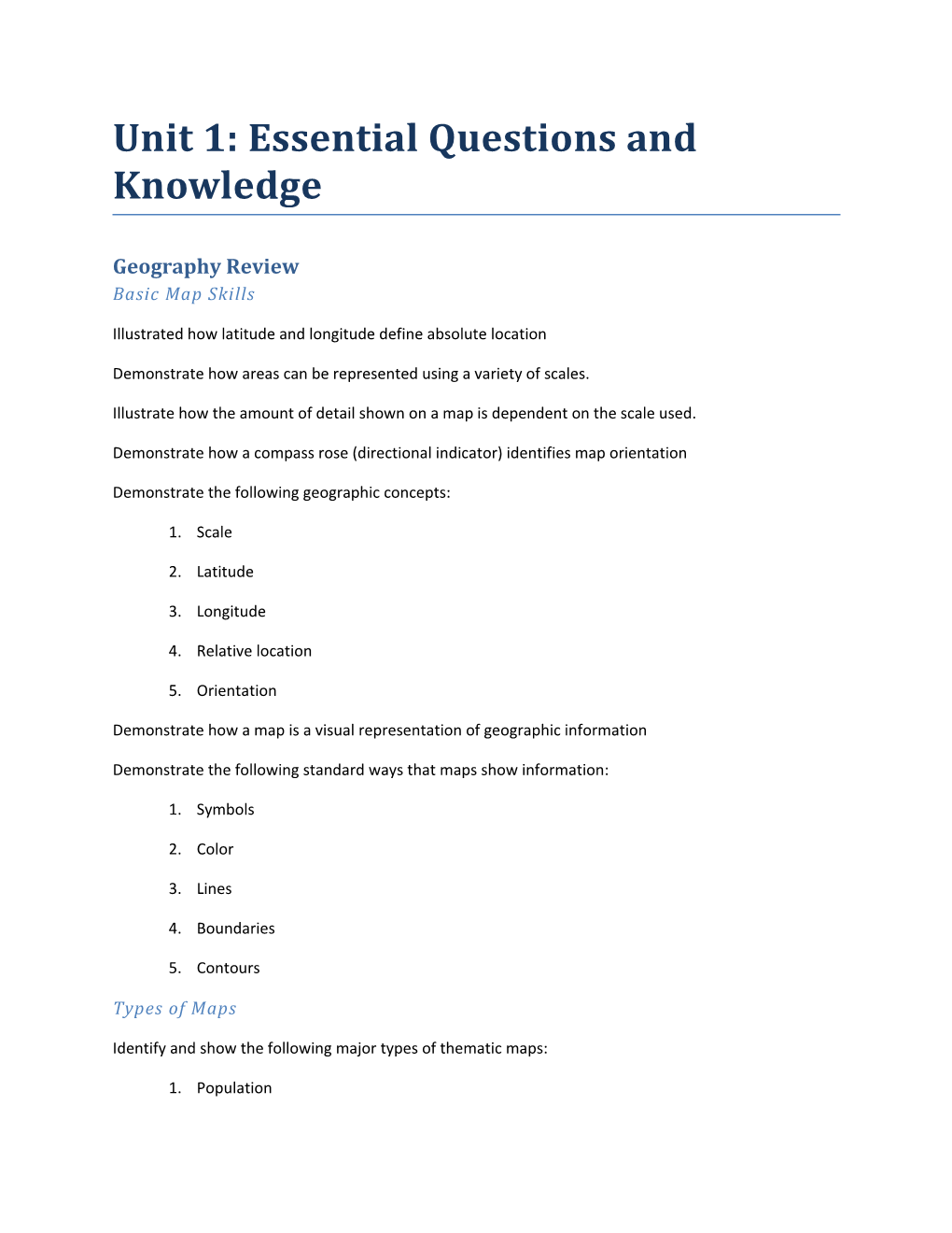 Unit 1: Essential Questions and Knowledge