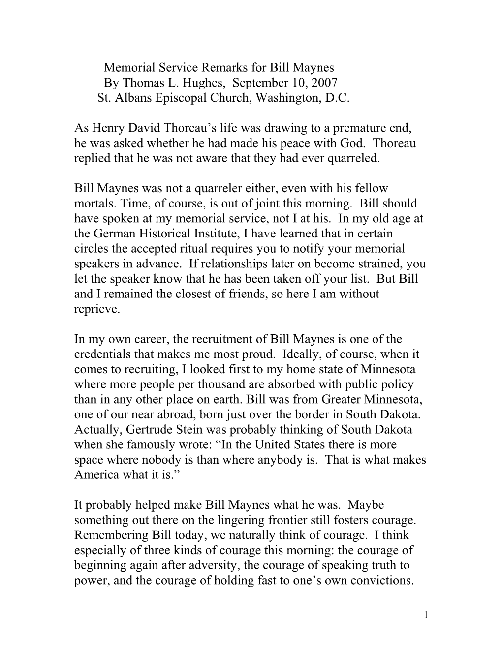 Memorial Service Remarks for Bill Maynes
