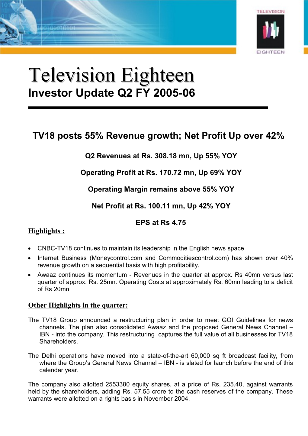 TV18 Posts 55% Revenue Growth; Net Profit up Over 42%