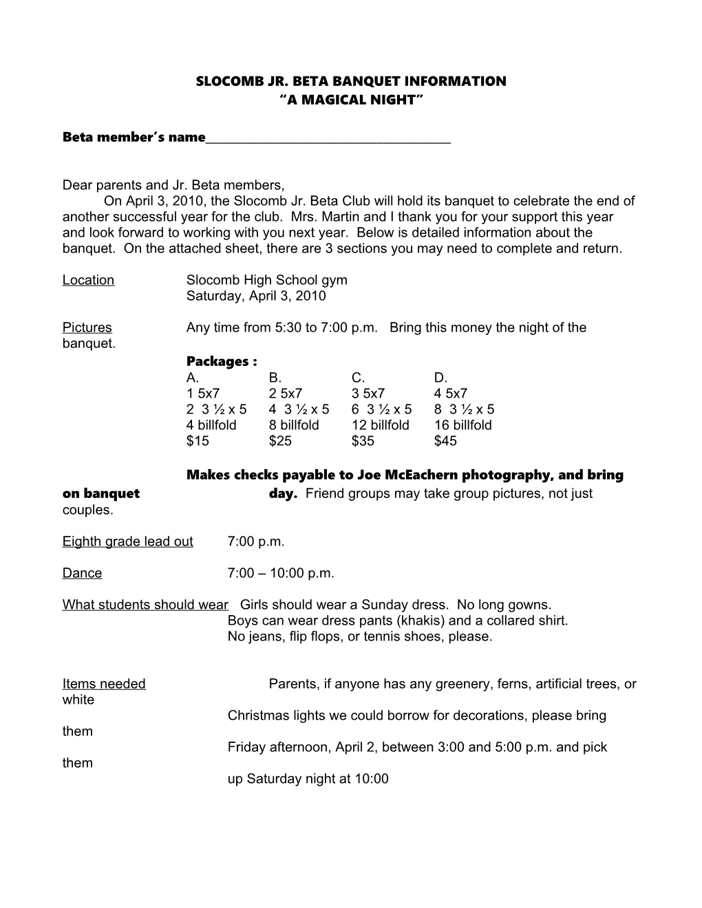 Slocomb Jr. Beta Banquet Information