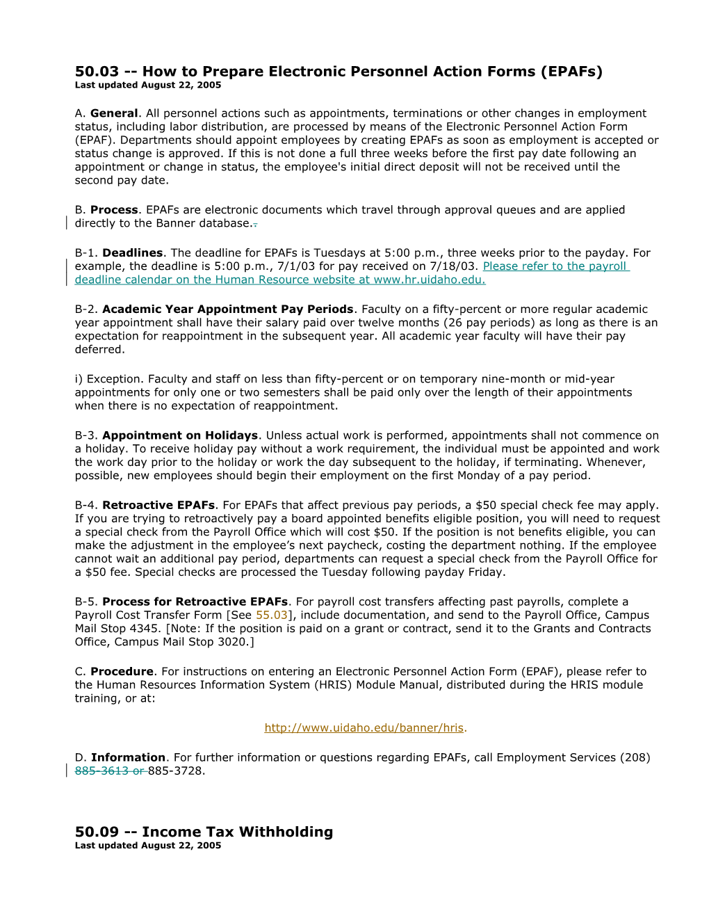 50.03 How to Prepare Electronic Personnel Action Forms (Epafs) Last Updated August 22, 2005