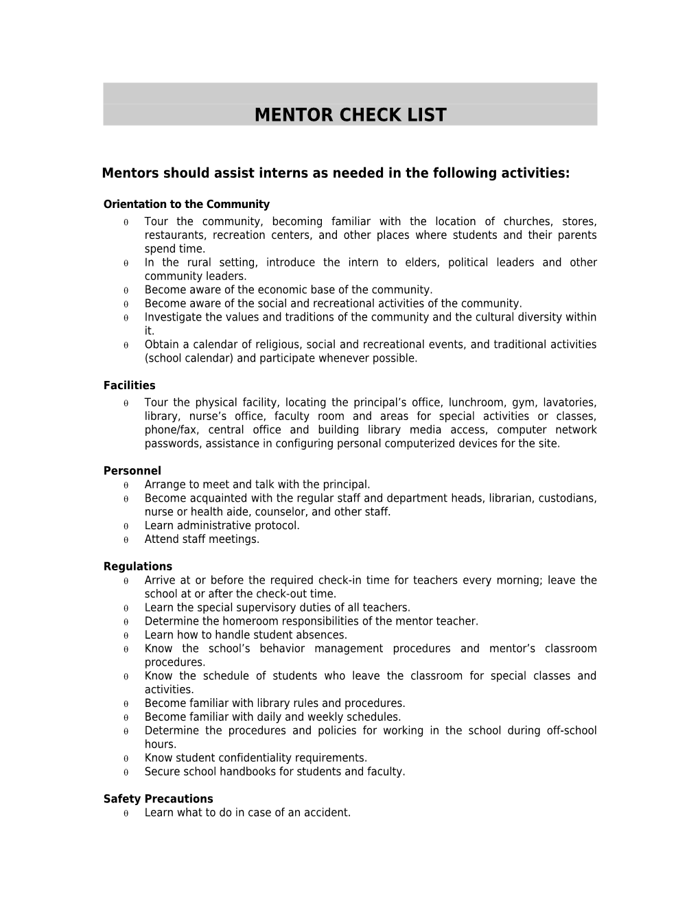 Mentor Check List