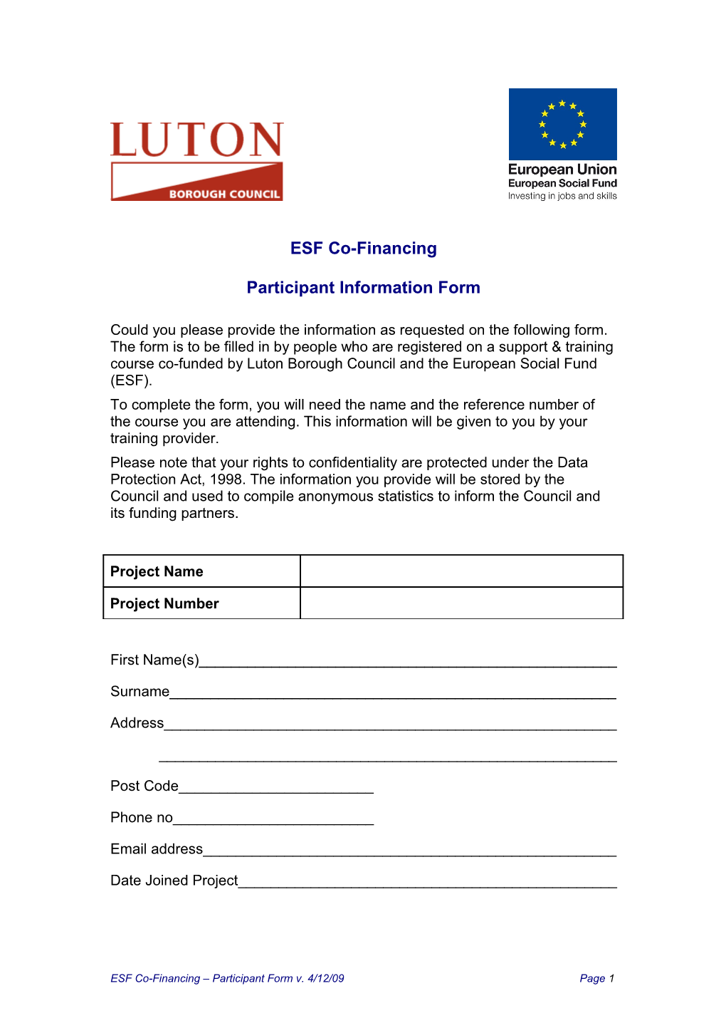 ESF Participant Form-New Starter Registration
