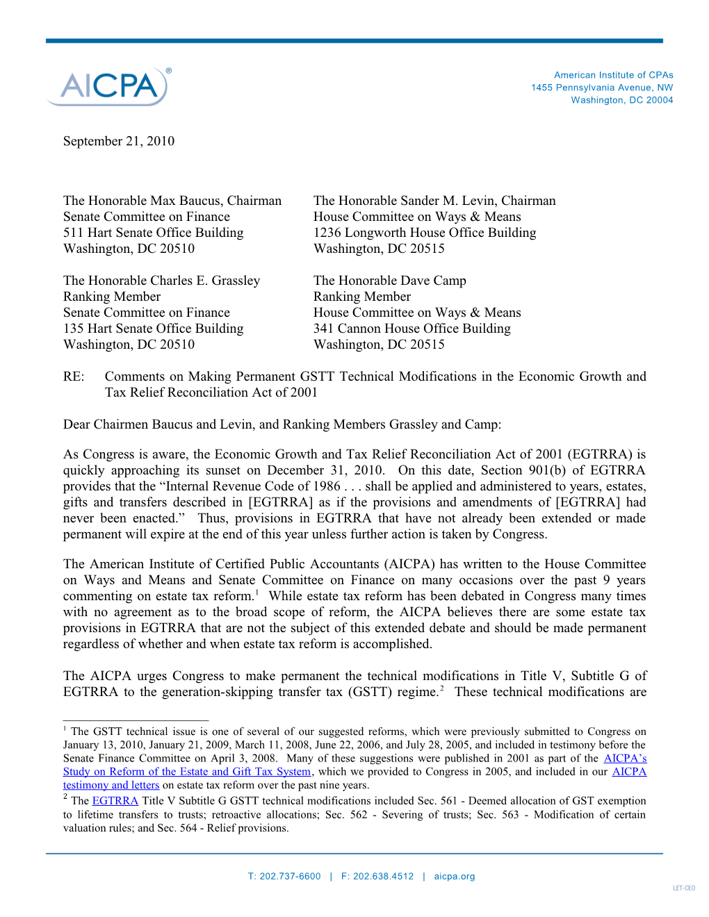 AICPA Letter to Congress on Making Permanent GSTT Technical Modifications from EGTRRA 2001