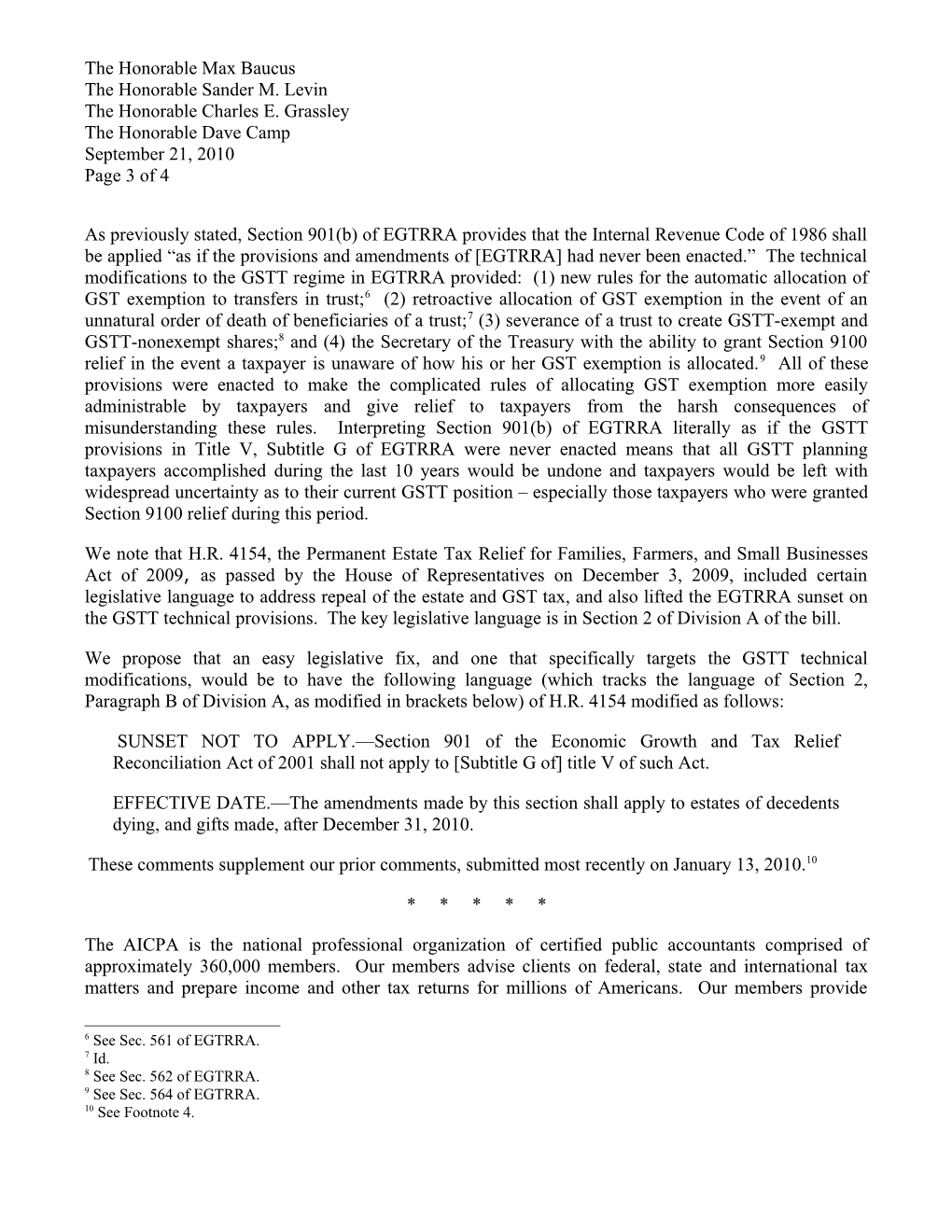 AICPA Letter to Congress on Making Permanent GSTT Technical Modifications from EGTRRA 2001