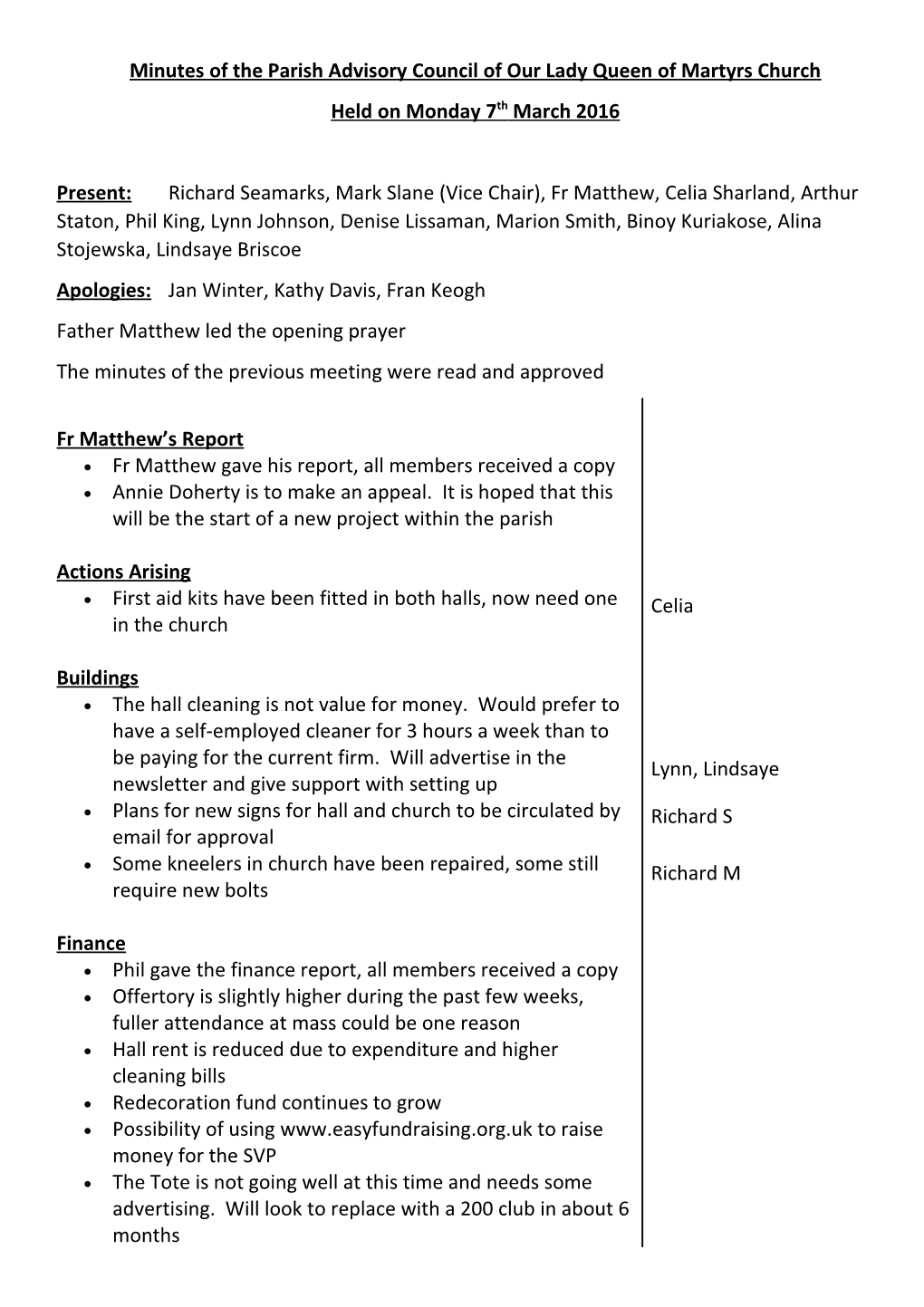 Minutes of the Parish Advisory Council of Our Lady Queen of Martyrs Church