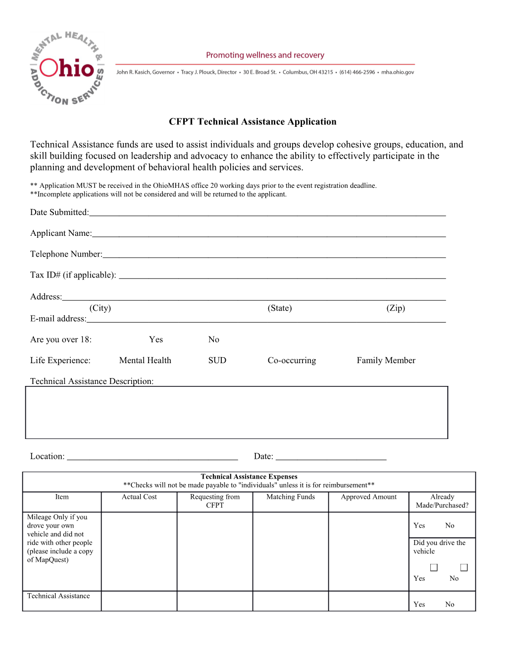 CFPT Technical Assistance Application