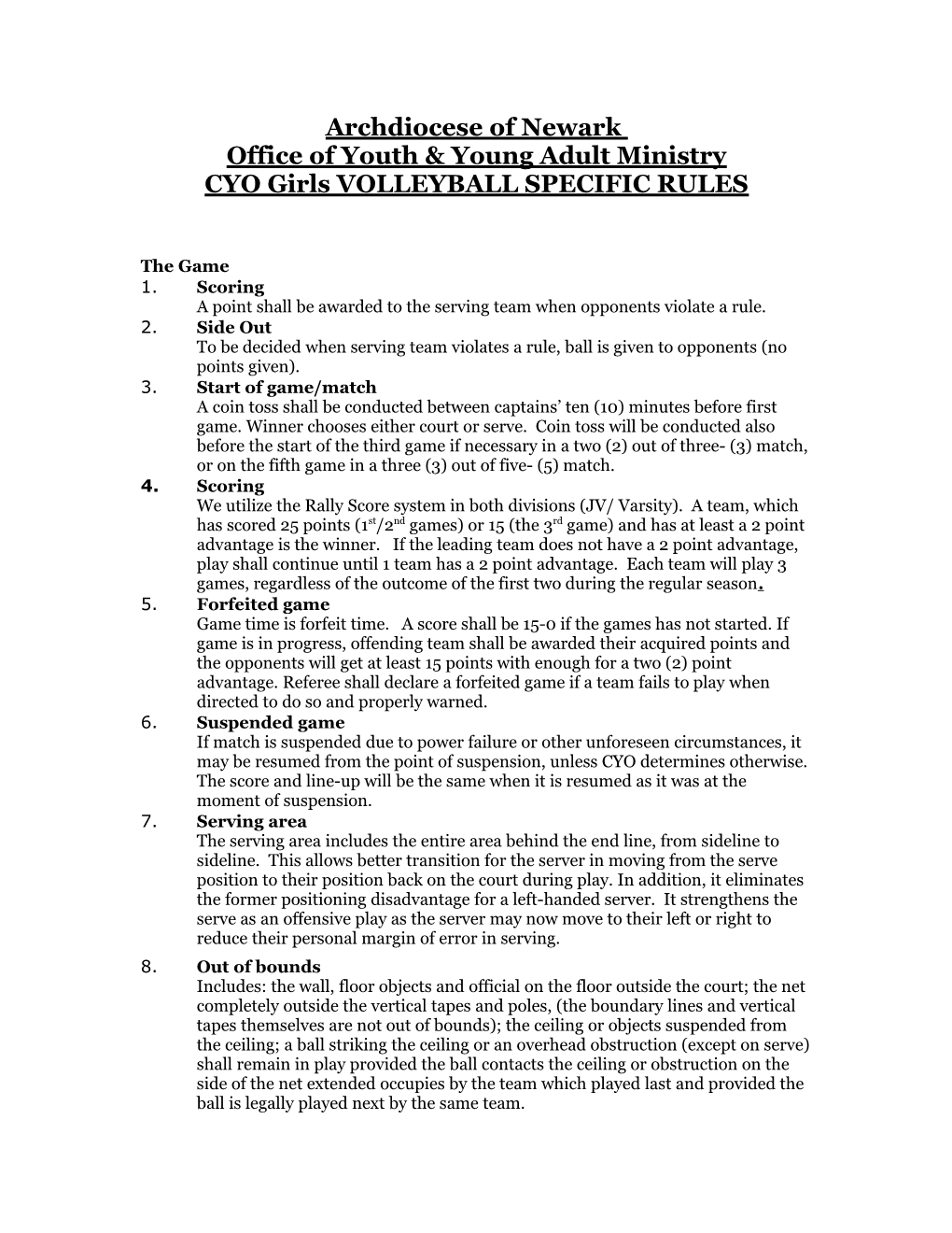 CYO Girls VOLLEYBALL SPECIFIC RULES