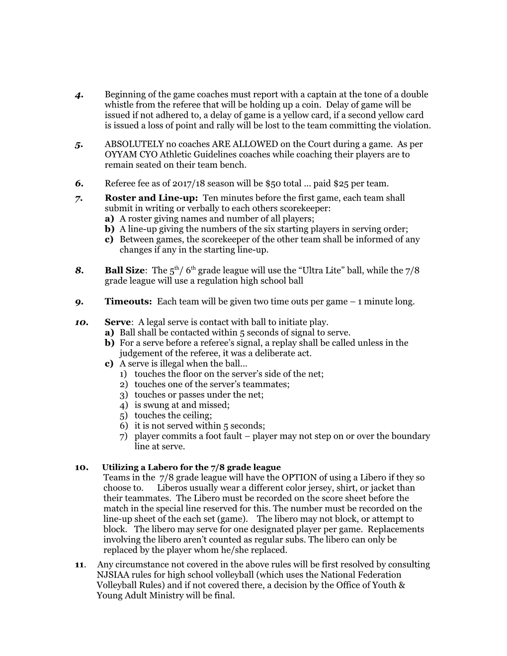 CYO Girls VOLLEYBALL SPECIFIC RULES