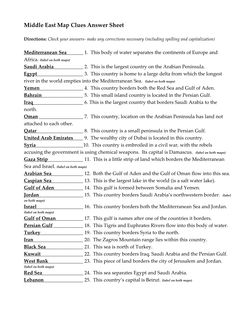 Middle East Map Clues Answer Sheet