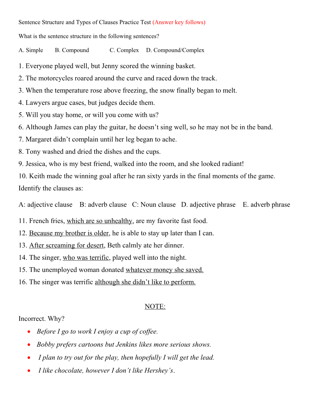 Clauses, Simple, and Compound Sentences Quiz