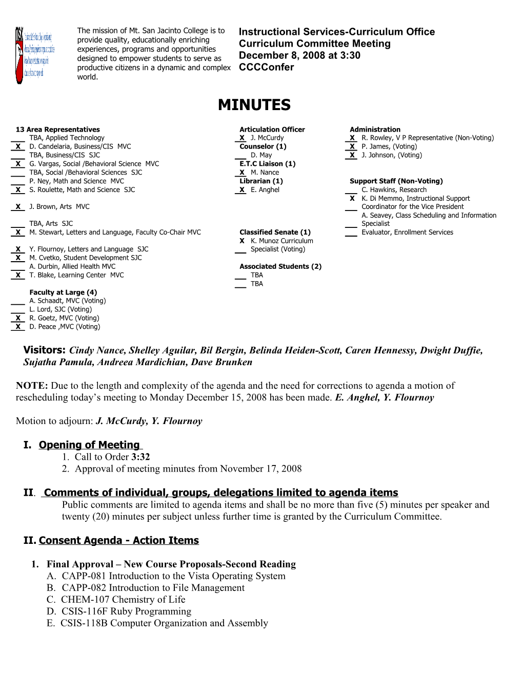 Curriculum Committee Meeting Minutes Dec 8, 2008