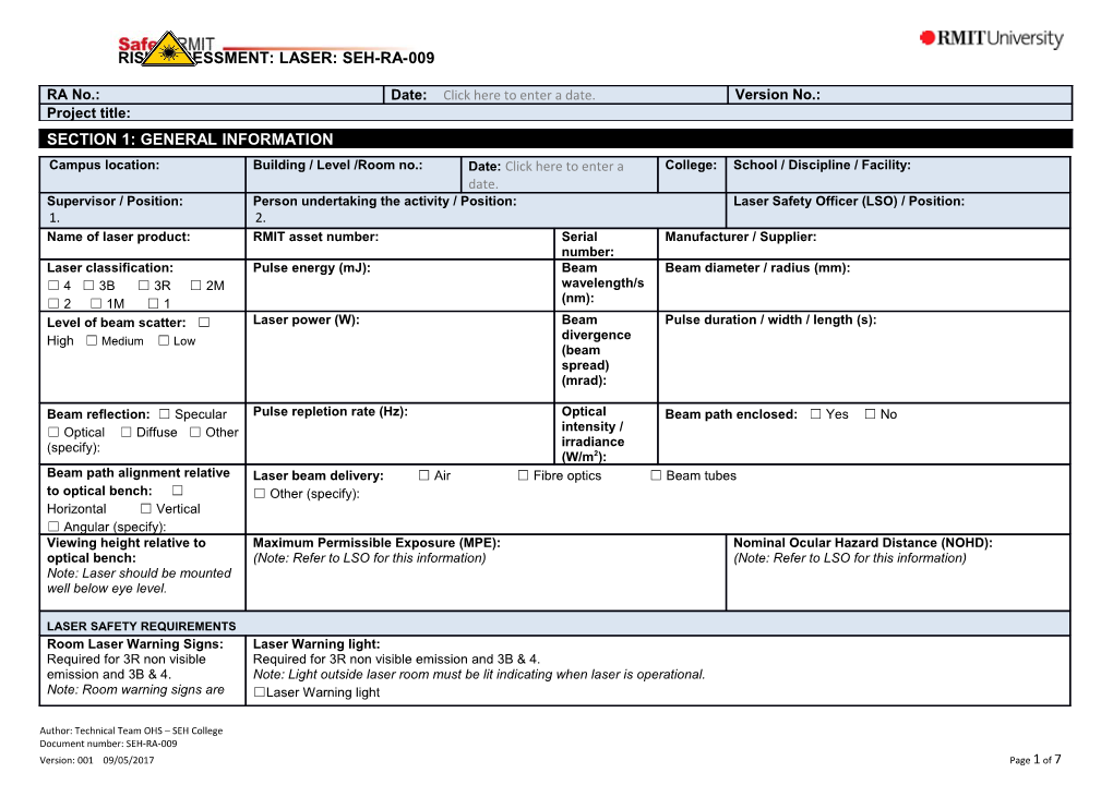 Risk Assessment: Laser: Seh-Ra-009