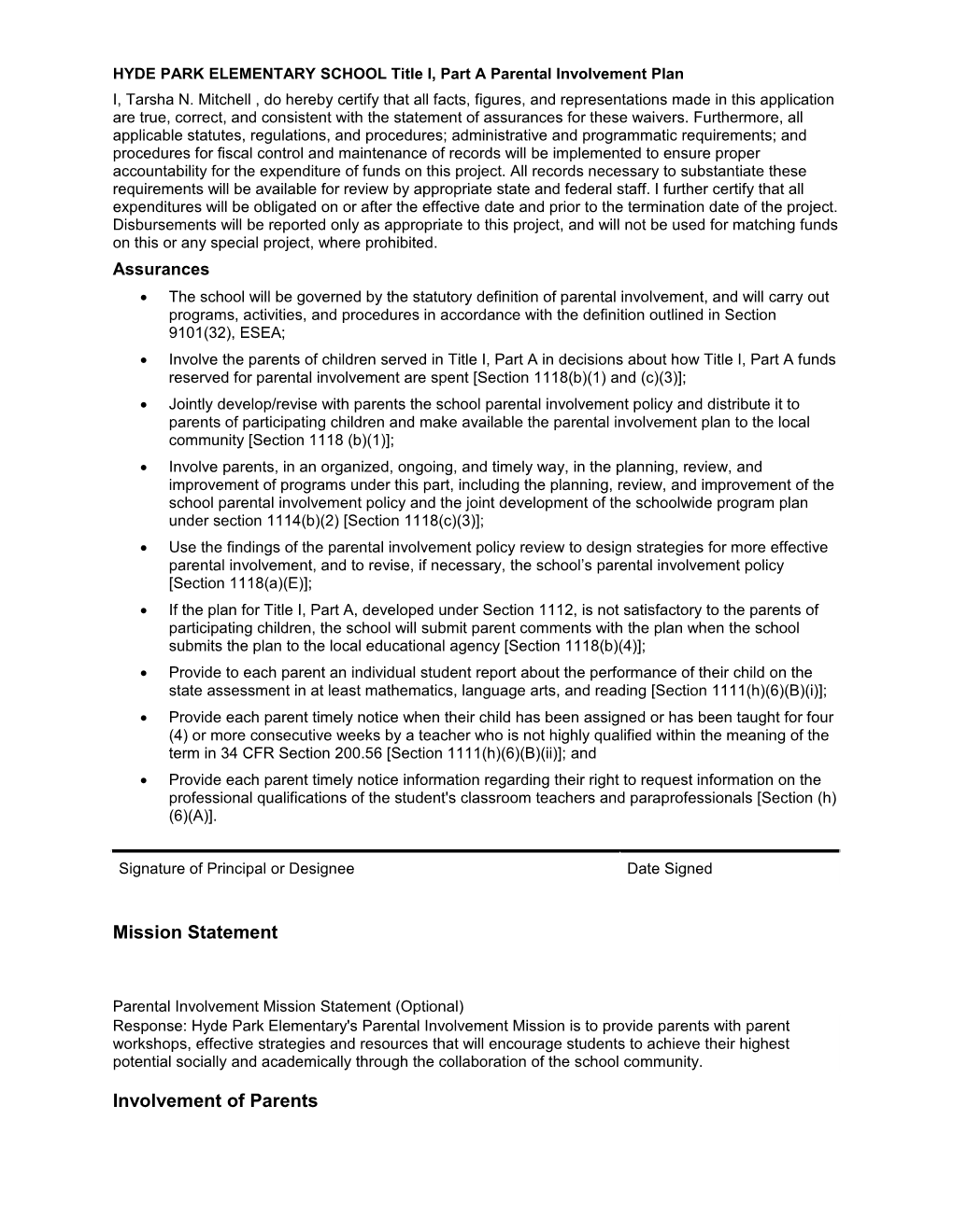 HYDE PARK ELEMENTARY SCHOOL Title I, Part a Parental Involvement Plan