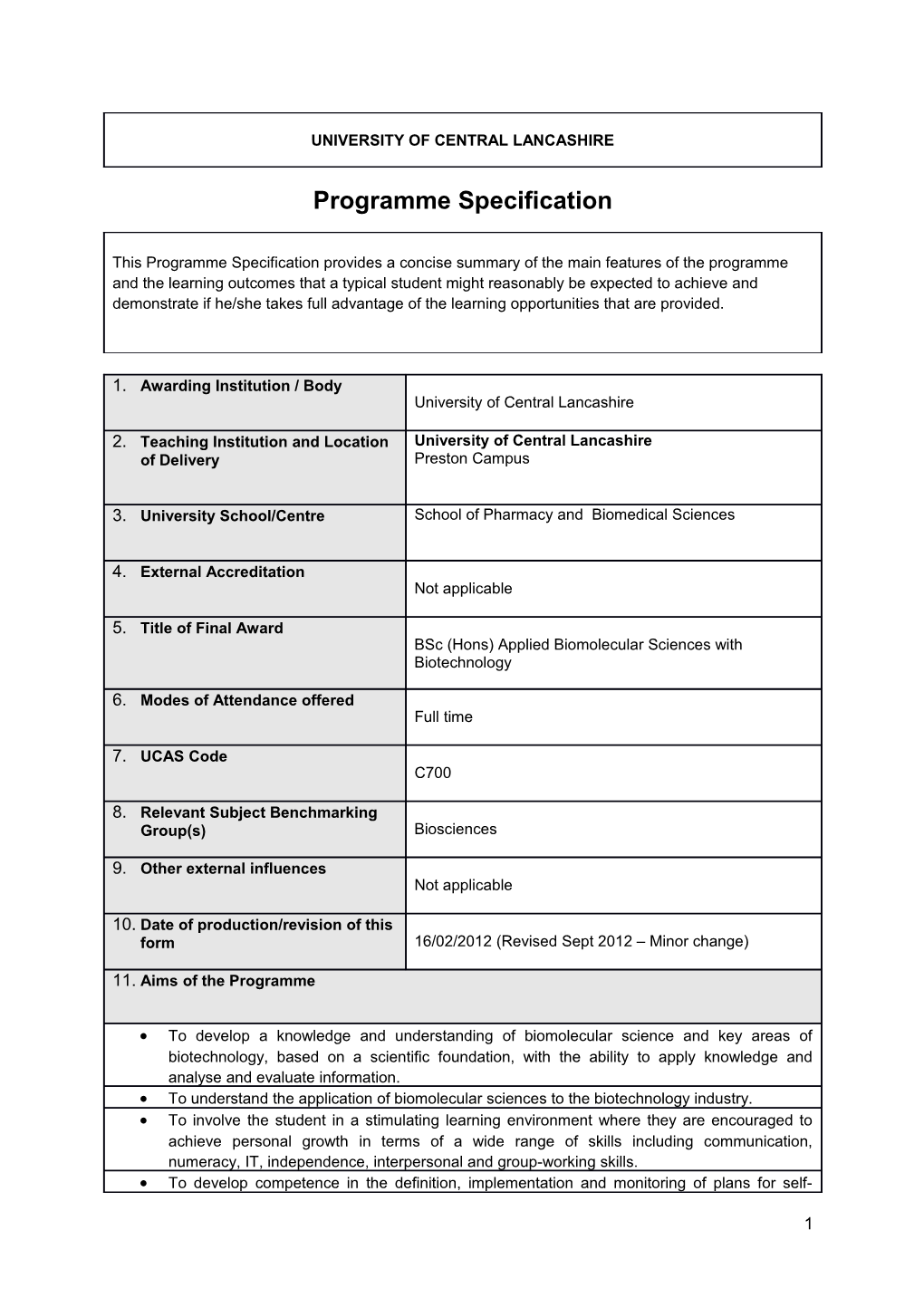 Bsc (Hons) Applied Biomolecular Sciences with Biotechnology (Sept 2012)