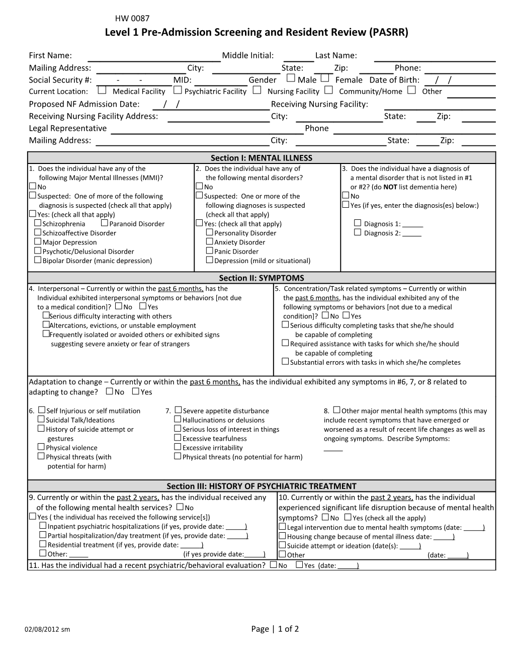 Level 1 Pre-Admission Screening and Resident Review (PASRR)