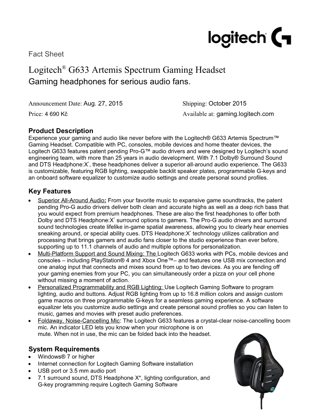 Logitech G633 Artemis Spectrum Gaming Headset Fact Sheet Page 1