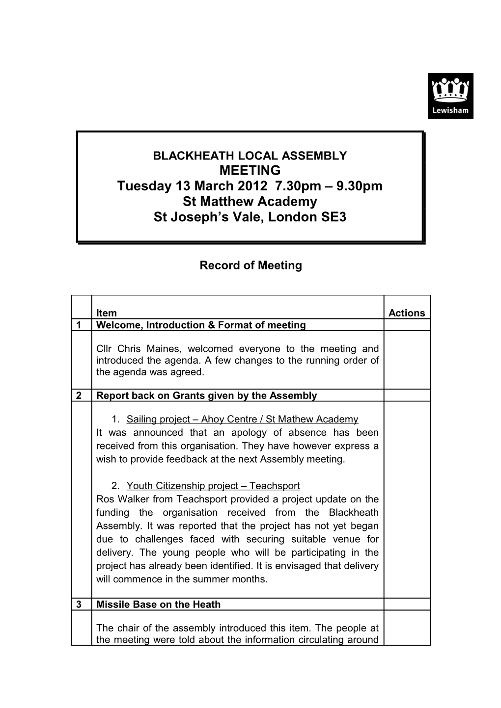 Blackheath Assembly Meeting 13 March 2012