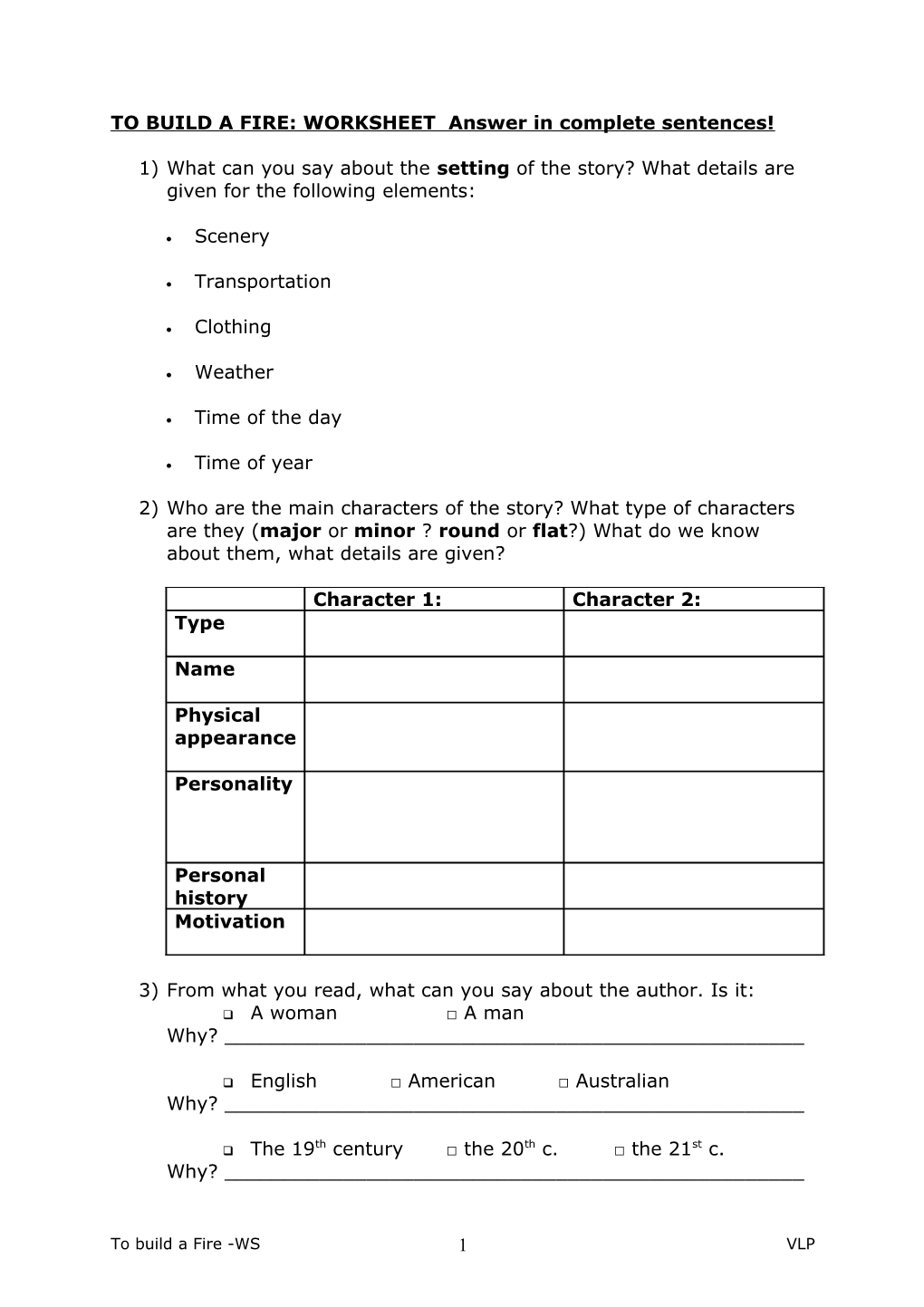 To Build a Fire: Worksheet