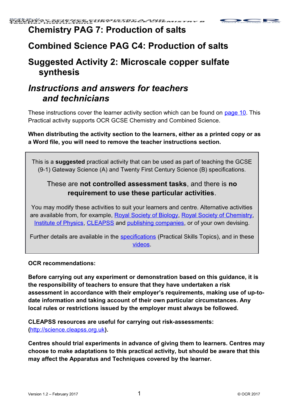 OCR GCSE Science Chemistry a and B PAG 7.2 Production of Salts