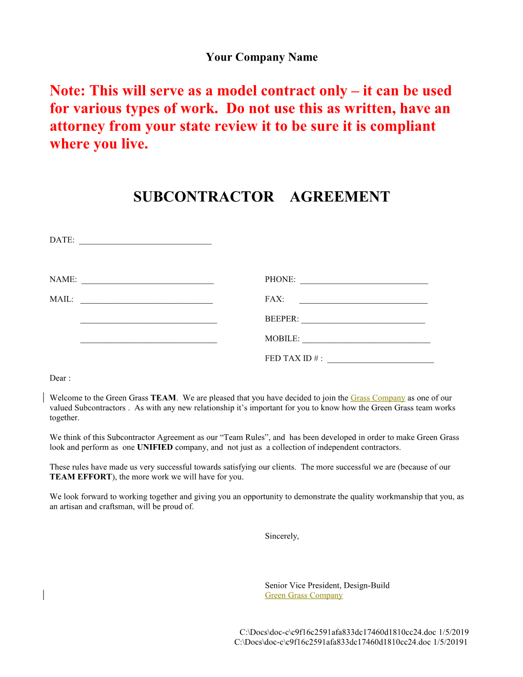 Subcontractor Contract Agreement