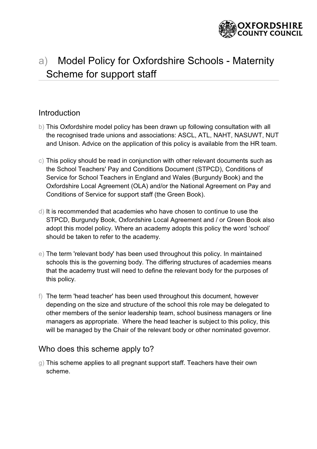 Model Policy for Oxfordshire Schools - Maternity Scheme for Support Staff
