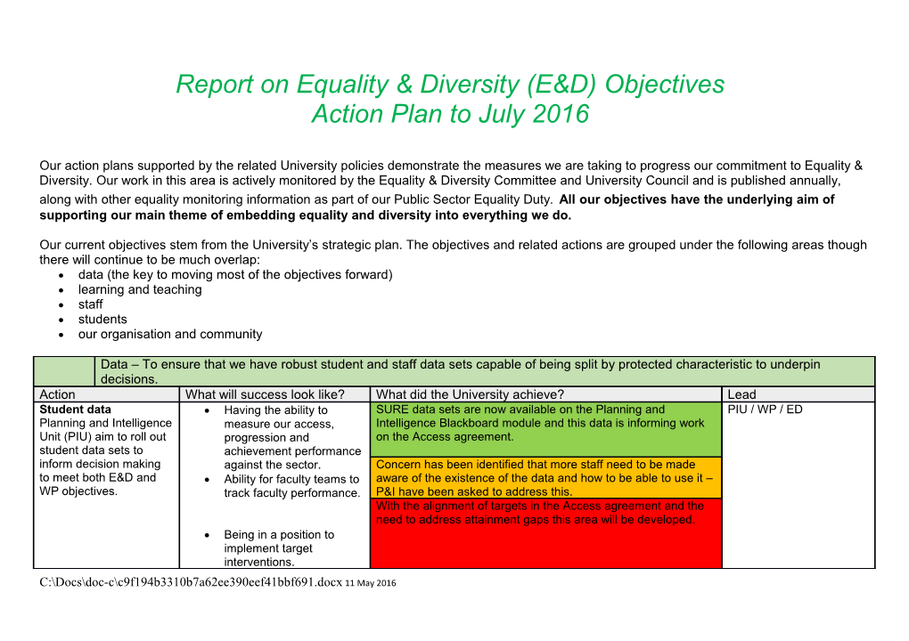 Report on Equality & Diversity (E&D) Objectives