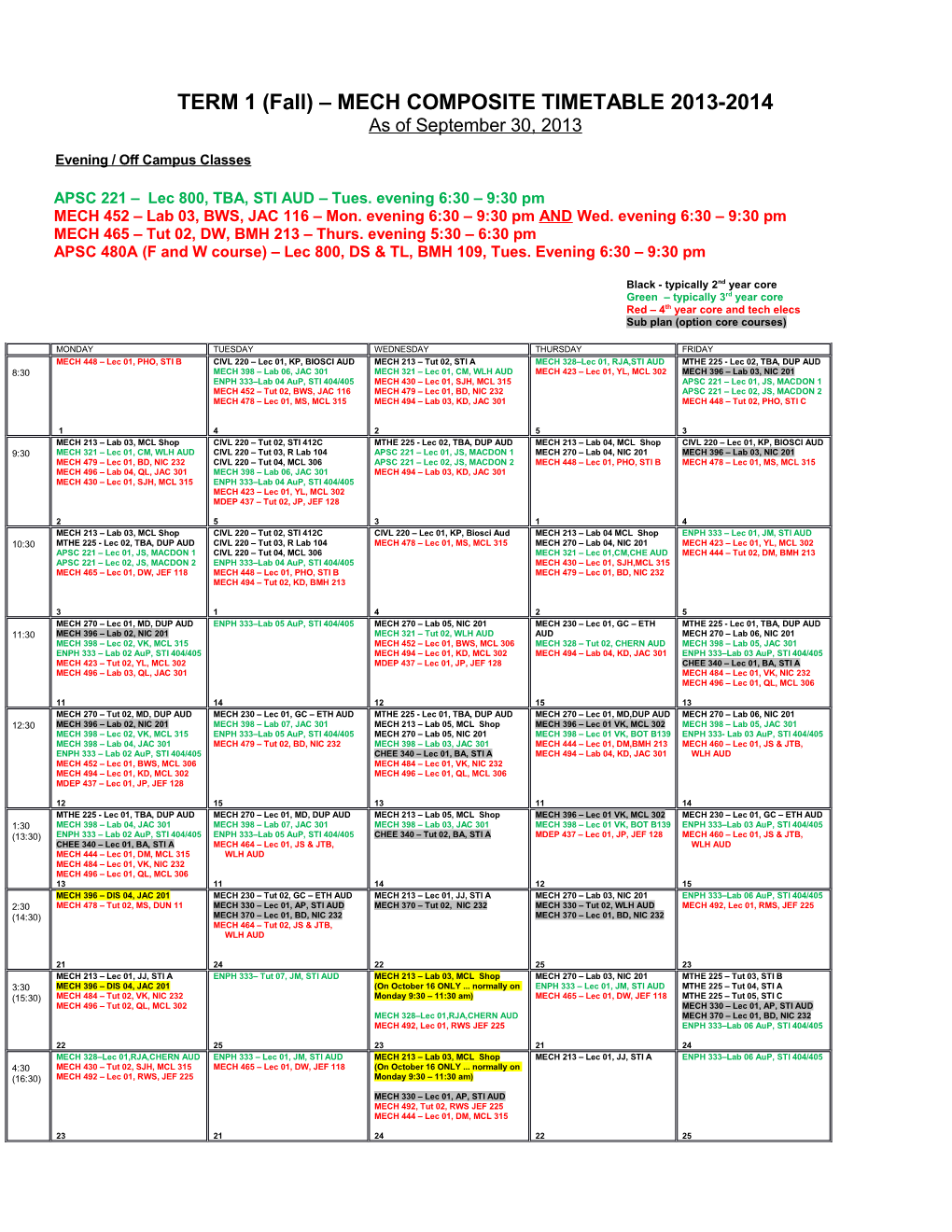 Mechanical Engineering Timetable 1997-98 Term 2