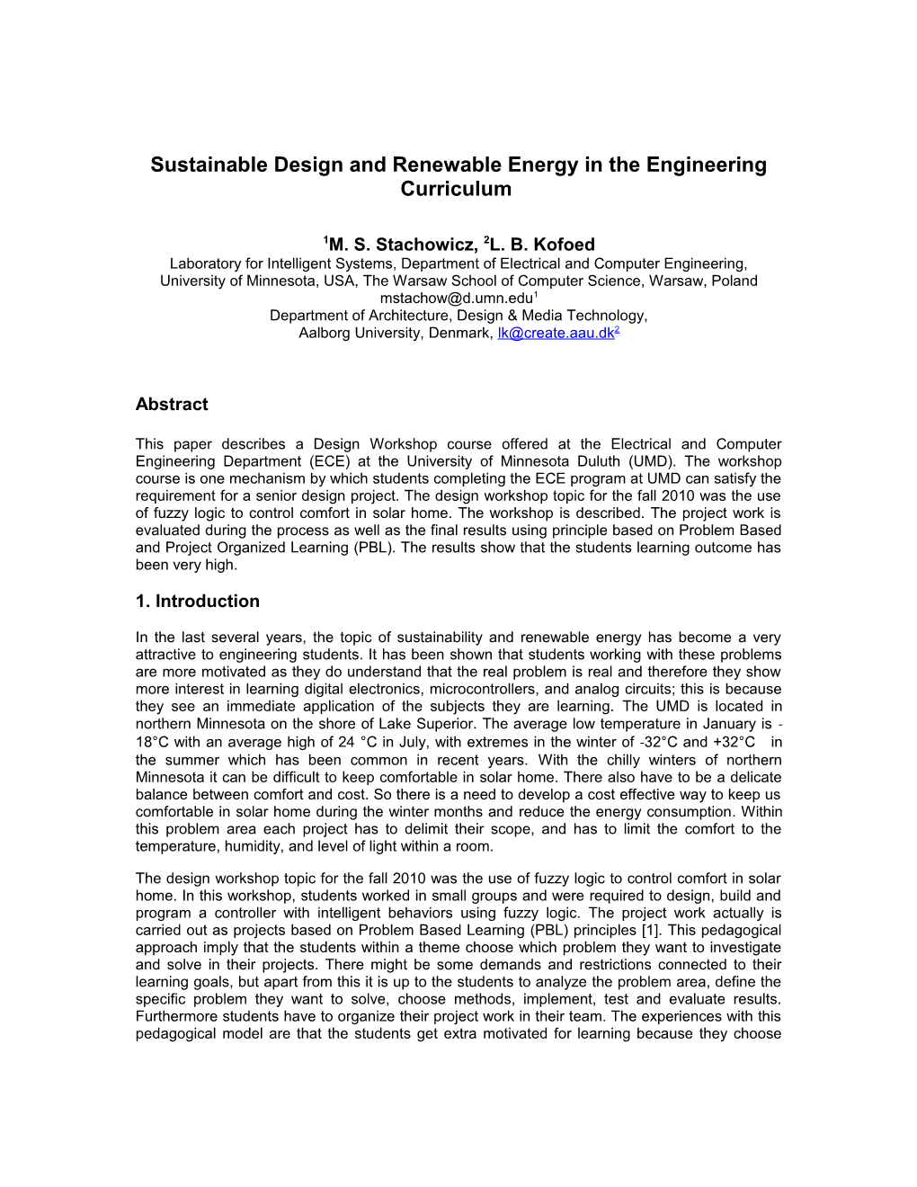Sustainable Design and Renewable Energy in the Engineering Curriculum
